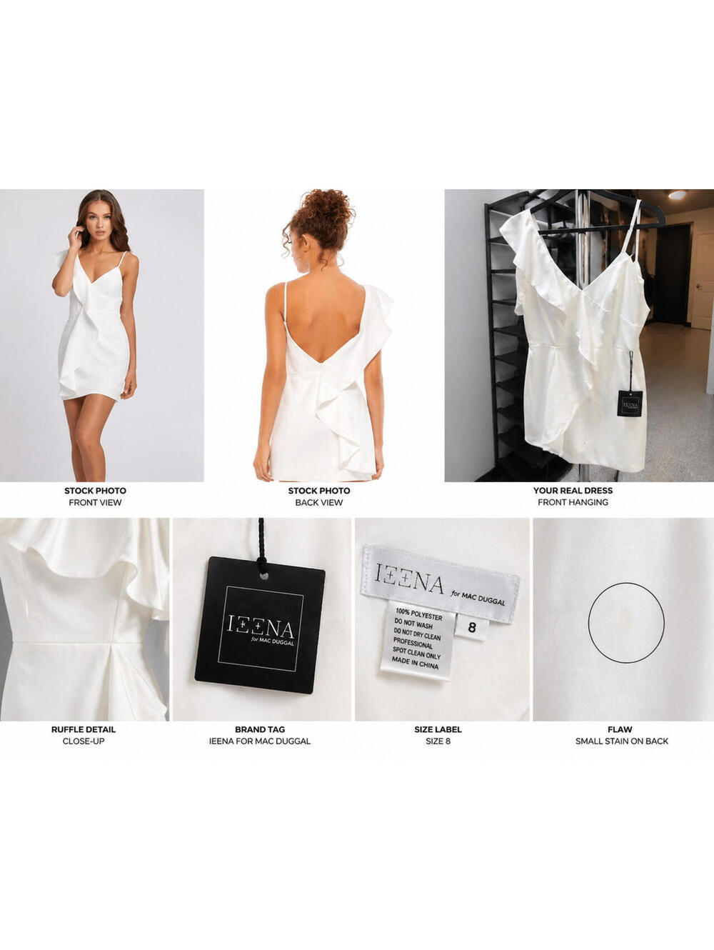 NWT Ieena for Mac Duggal White One Shoulder Ruffle Dress Size 8 Style 70161 Flaw